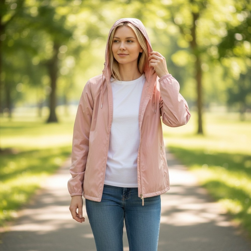 Chicos Zenergy Womens Blush Pink Hooded Windbreaker Full Zip Jacket Size 1 M